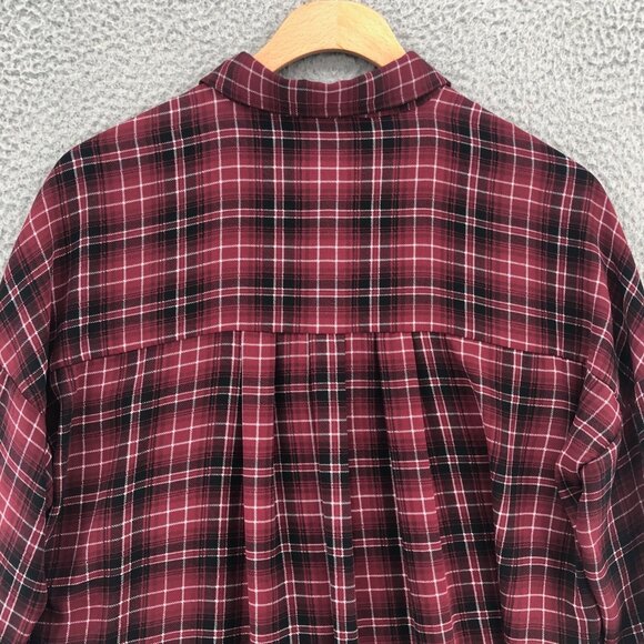 BB Dakota Jack Top Womens Medium Red Plaid Cropped Roll Tab Long Sleeve Button - Picture 4 of 11